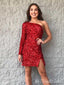 Red Mermaid One Shoulder Single Long Sleeve Sparkle Tight Graduation Party Short Homecoming Dresses , HD394