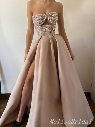 Sexy Elegant Beading Sleeveless High Slit Evening Gown Long Prom Dresses with Pleats,MB270