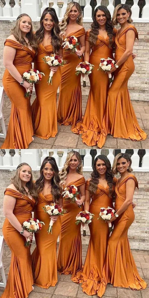 Sexy Orange Off Shoulder Pleats Simple Cheap Mermaid Long Bridesmaid Dresses ,BD165