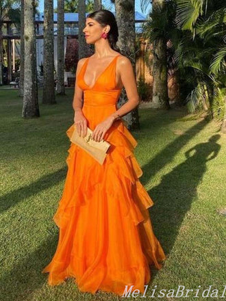 Sexy Orange A-Line Plunging Layer Asymmetrical Evening Gown Maxi Long Formal Dresses Prom Dresses,MB464