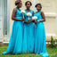 Elegant Blue Lace Appliques Chiffon Simple Cheap A-Line Long Bridesmaid Dresses ,BD185