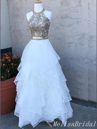 Fluffy Two Pieces O-Neck A-Line Lace Appliques Evening Gown Maxi Long Formal Dresses Prom Dresses ,MB580