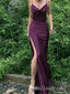 Elegant Dark Purple Spaghetti Straps V Neck Side Slit Mermaid Sleeveless Cheap Simple Evening Prom Dresses,MB158
