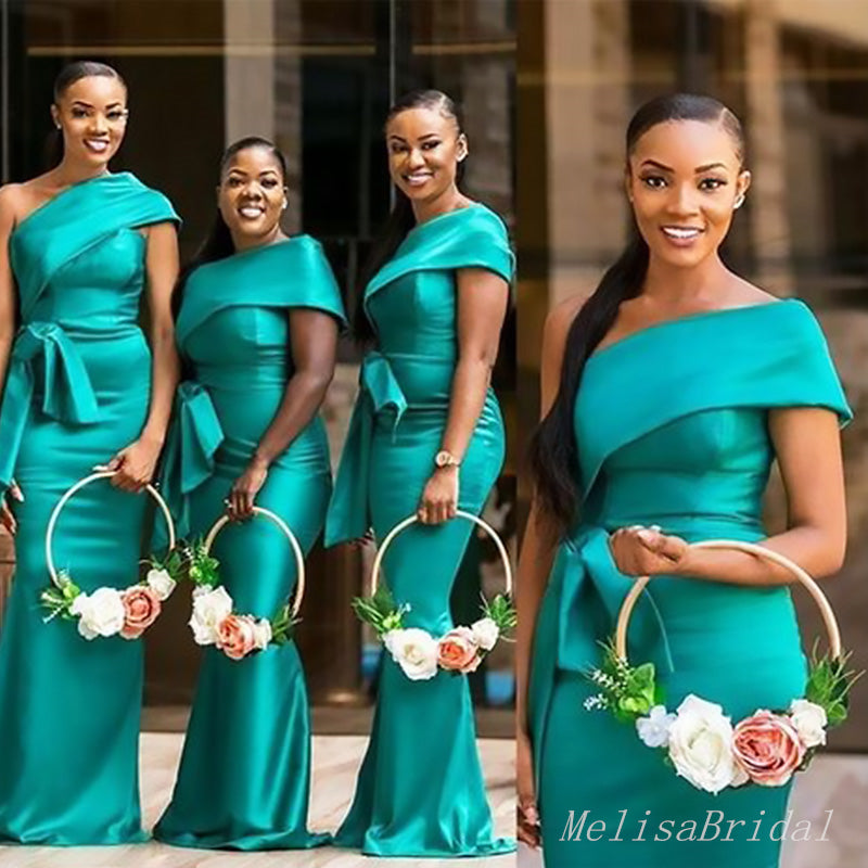 Elegant Green One Shoulder Mermaid Simple Long Cheap Bridesmaid Dresses ,BD94