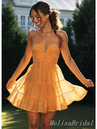 Elegant Orange Halter Tulle Ruffle V Neck A-Line Short Homecoming Dresses, HD60
