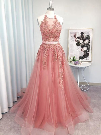 Pink Halter Lace Appliques A-line Evening Gown Maxi Long Evening Party Prom Dresses,MB709