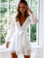 Elegant White V Neck Long Sleeves Ruffles Simple Cheap Short Homecoming Dresses, HD44