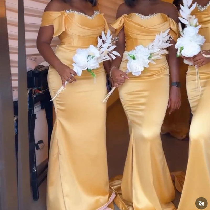 Elegant Yellow Off the Shoulder Mermaid Long Bridesmaid Dresses ,BD253