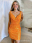 Sparkly Orange Sequin V Neck Spaghetti Straps Sheath Simple Cheap Short Homecoming Dresses, HD139