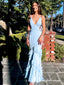 Elegant Light Blue Spaghetti Straps Ruffle Mermaid Long Evening Prom Dresses,MB122