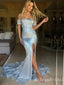 Sparkle Silver Off Shoulder Sweetheart Mermaid Evening Gown Long Evening Party Prom Dresses with Slit,MB820