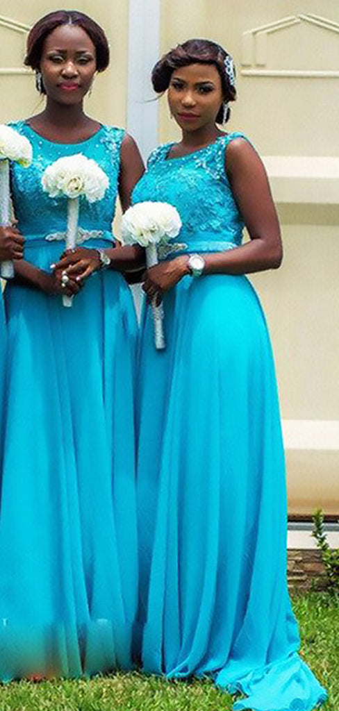 Elegant Blue Lace Appliques Chiffon Simple Cheap A-Line Long Bridesmaid Dresses ,BD185