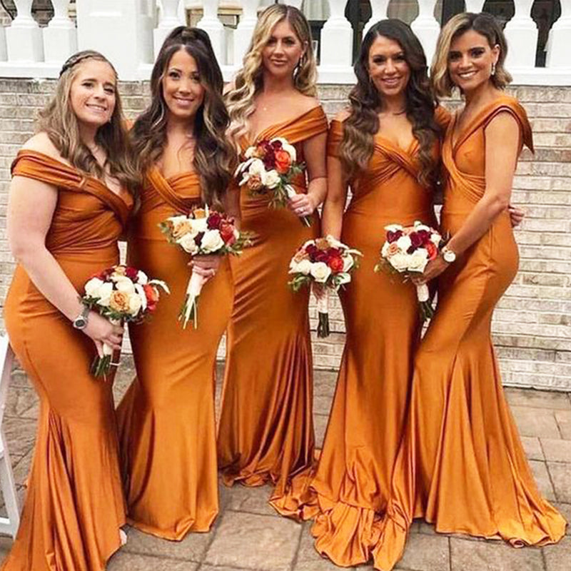 Sexy Orange Off Shoulder Pleats Simple Cheap Mermaid Long Bridesmaid Dresses ,BD165