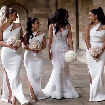 Elegant White One Shpoulder Side Slit Simple Cheap Mermaid Long Bridesmaid Dresses ,BD144
