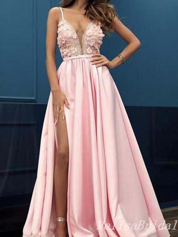 Sexy Spaghetti Straps High Slit Plunging Appliques A-line Evening Gown Long Prom Dresses ,MB285