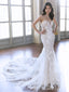 Elegant White Tulle Lace Appliques Mermaid Long Wedding Dresses, WD25