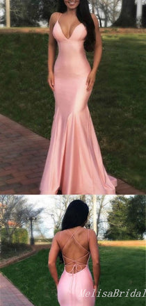 Sexy Light Pink Mermaid Spaghetti Straps Plunging Lace Up Back Evening Gown Maxi Long Formal Dresses Prom Dresses,MB465