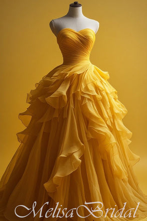 Yellow A-Line Sweetheart Strapless Fluffy Evening Gown Maxi Long Evening Party Prom Dresses  ,MB636