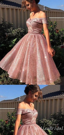 Pink Off-The-Shoulder A-Line Graduation Party Short Homecoming Dresses, HD434