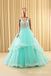 Green V Neck A-line Lace Appliques Party Dress Long Prom Dresses to Impress,MB950