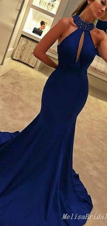 Sexy Dark Blue Halter Beaded Mermaid Evening Gown Maxi Long Formal Dresses Prom Dresses,MB481