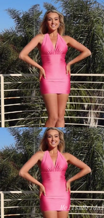 Sexy Simple Mermaid Plunging Pink Short Tight Homecoming Dresses, HD311
