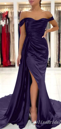 Sexy Simple Dark Purple Off-the-shoulder Sweetheart Sheath Evening Gown Long Formal Dresses Prom Dresses with Side Slit ,MB380