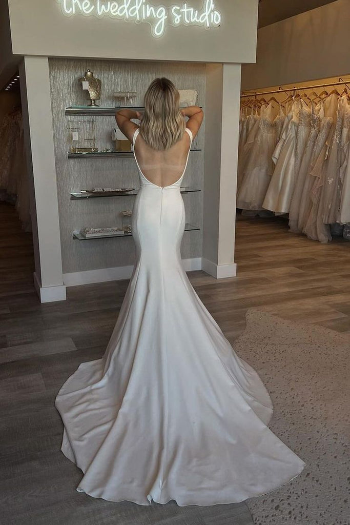 Elegant White Spaghetti Straps Strapless Mermaid Long Wedding Dresses,WD54