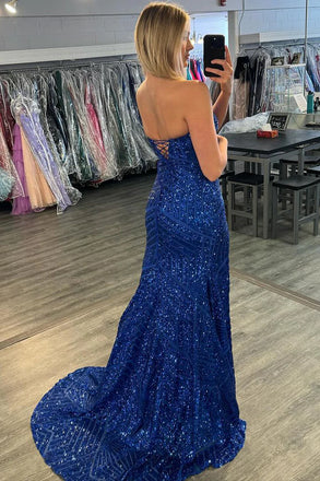 Sparkly Navy Blue Sequin Side Slit Lace Up Back Panel Train Mermaid Evening Prom Dresses,MB17