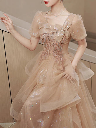 Cute Elegant Orange Square Tulle Sequin A-Line Long Prom Dresses Evening Gown,MB169