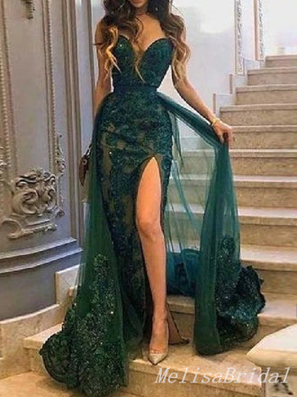 Gorgeous Sexy Emerald Green Lace Appliques Sweetheart Tulle Strapless Mermaid Evening Gown Long Formal Dresses Prom Dresses ,MB358
