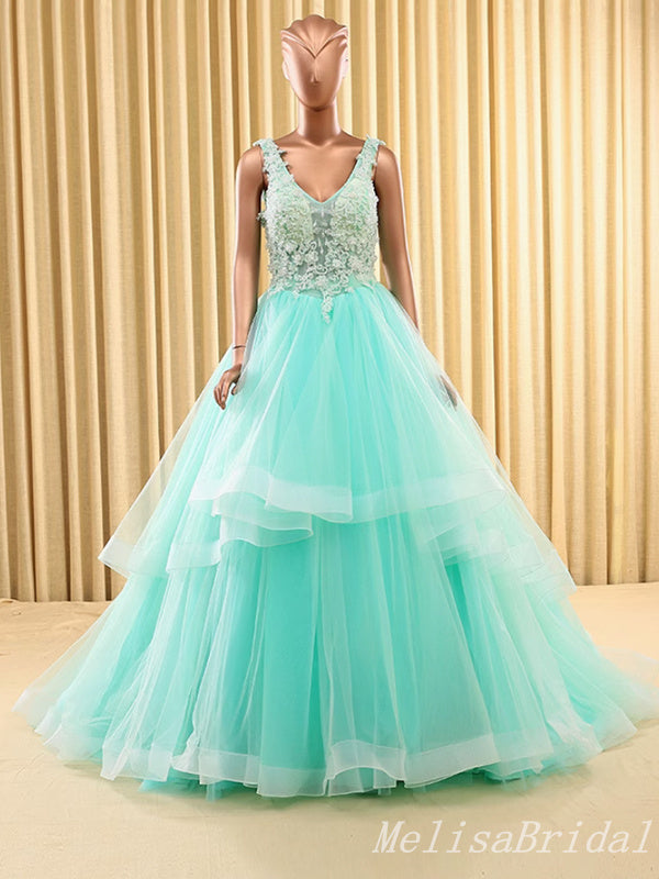 Green V Neck A-line Lace Appliques Party Dress Long Prom Dresses to Impress,MB950