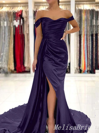 Sexy Simple Dark Purple Off-the-shoulder Sweetheart Sheath Evening Gown Long Formal Dresses Prom Dresses with Side Slit ,MB380