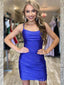 Royal Blue Spaghetti Straps Lace Up Back Beaded Tight Graduation Party Short Homecoming Dresses  , HD395