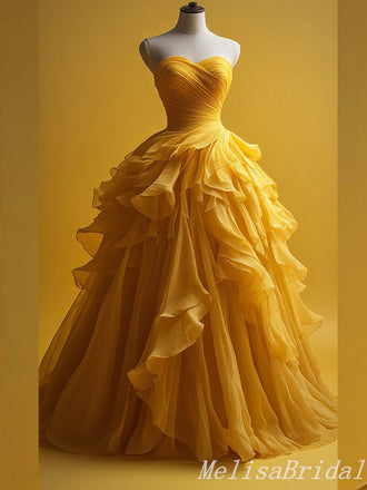 Yellow A-Line Sweetheart Strapless Fluffy Evening Gown Maxi Long Evening Party Prom Dresses  ,MB636