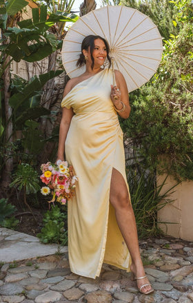 Elegant Yellow One Shoulder Side Slit Mermaid Long Evening Prom Dresses,MB123