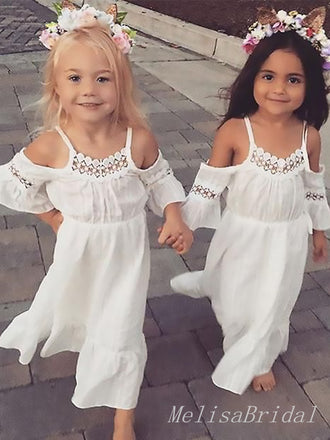 White A- Line Spaghetti Straps Off Shoulder A-Line Cheap Simple Long Flower Girl Dresses,FG42