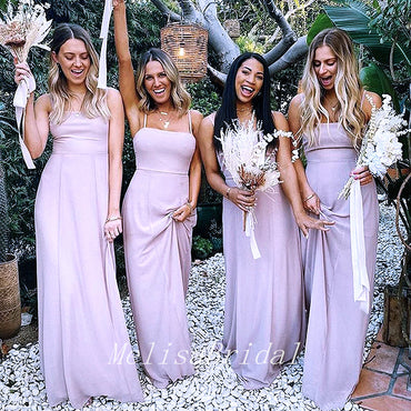 Elegant Spaghetti Strap Pink A-Line Chiffon Long Cheap Bridesmaid Dresses,BD17