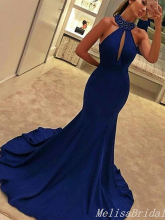 Sexy Dark Blue Halter Beaded Mermaid Evening Gown Maxi Long Formal Dresses Prom Dresses,MB481