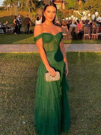 Green Off Shoulder Sweetheart A-line Evening Gown Maxi Long Evening Party Prom Dresses ,MB710