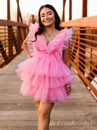 Elegant Pink Tulle Ruffle A-Line Cheap Simple Short Homecoming Dresses, HD80