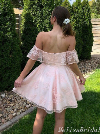 Elegant Light Pink Off-The-Shoulder Lace Appliques A-Line Graduation Party Homecoming Dresses, HD340