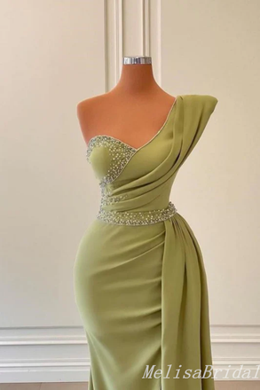 Green Beaded One Shoulder Mermaid Evening Gown Maxi Long Evening Party Prom Dresses ,MB779