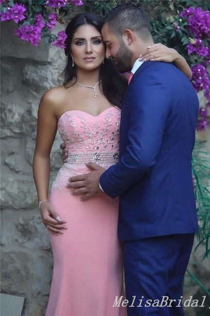 Sexy Pink Lace Appliques Beading Mermaid Sweetheart Strapless Evening Gown Long Prom Dresses with Pleats,MB297