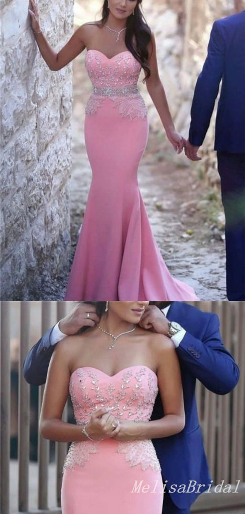 Sexy Pink Lace Appliques Beading Mermaid Sweetheart Strapless Evening Gown Long Prom Dresses with Pleats,MB297