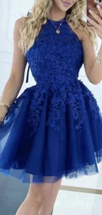 Sexy Halter Royal Blue Lace Appliques Tulle A-line Strapless Short Homecoming Dresses with Pleats, HD281