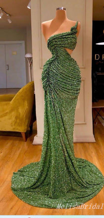 Sexy Sparkle Green One Shoulder Mermaid Evening Gown Long Formal Dresses Prom Dresses ,MB381