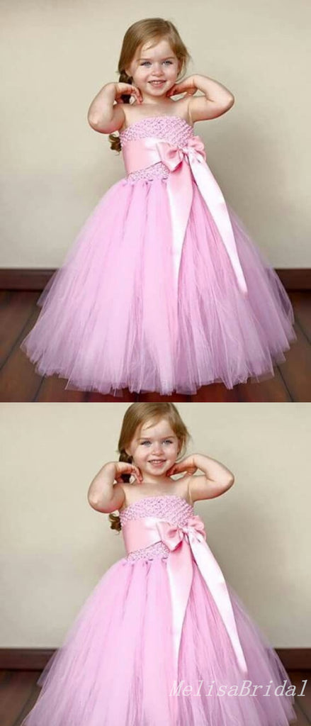 Unique Pink A-Line Strapless Long Tulle Ball Gown Flower Girl Dresses With Bow,FG60