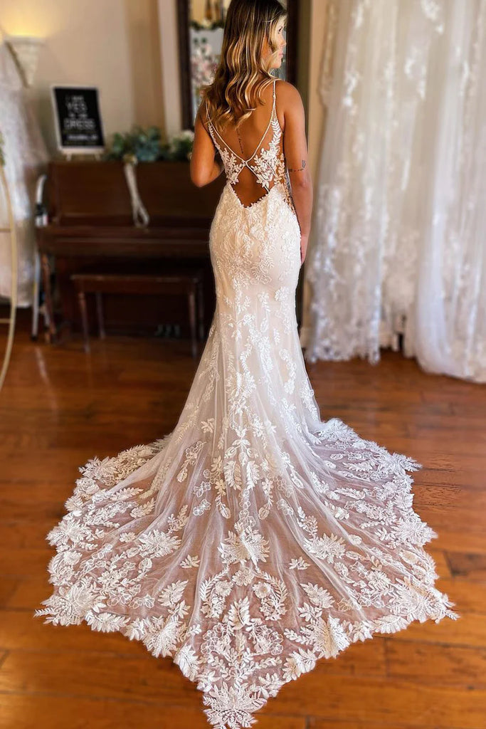 Elegant White Spaghetti Straps V Neck Lace Appliques Strapless Mermaid Long Wedding Dresses,WD55