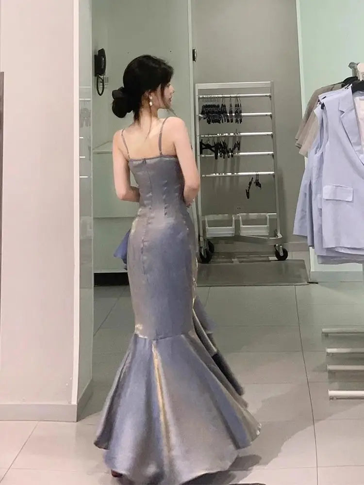 Elegant Gray Spaghetti Strap Pleats Ruffles Mermaid Long Evening Prom Dresses,MB18